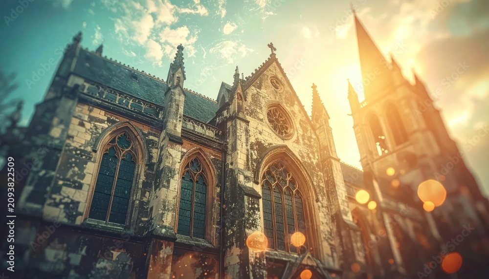 Fototapeta premium Gothic Cathedral Facade with Sun Flare and Bokeh Effects During Golden Hour