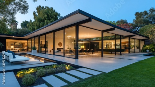 Mid-century modern glass villa with open-plan interior and illuminated deck, dusk lighting, architectural garden landscape, lifestyle photography, Architecture, Luxury