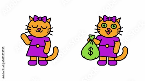 Cat girl pointing with her hand and holding bag of money. Transparent background