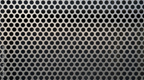 Close up texture of a silver metal sheet with a pattern of round perforated holes