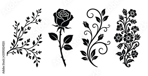 Elegant Black Silhouette Floral Sprigs and Rose with Swirling Vines on White Background