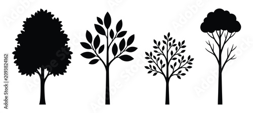 Four diverse tree silhouettes against a clean white background representing different growth stages and forms