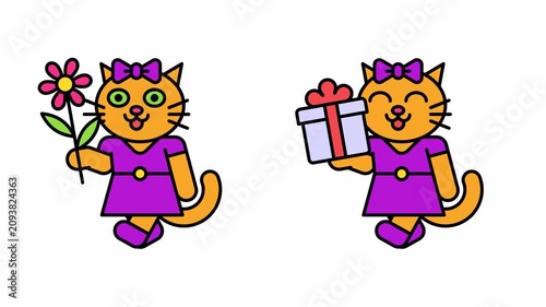 Cat girl walks holding flower and gift box. Transparent background