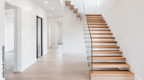 Minimalist modern interior with floating oak wood stairs, glass railing and bright white walls in a sleek architectural home design, interior architecture, minimalist home