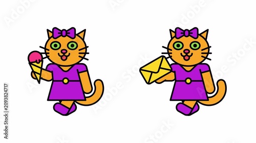 Cat girl walks holding ice cream and letter. Transparent background