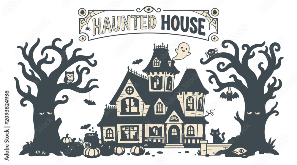 Obraz premium A spooky haunted house with trees and creepy decorations on a white background for Halloween.