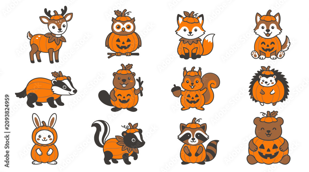Obraz premium Halloween themed cartoon animals in orange costumes, including deer, owl, fox, hedgehog, raccoon, bear, rabbit, and squirrel, for kids party decoration or greeting card.