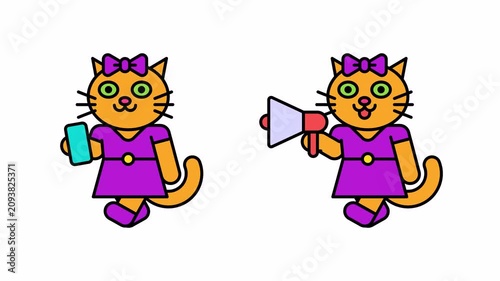 Cat girl walks holding smartphone and megaphone. Transparent background