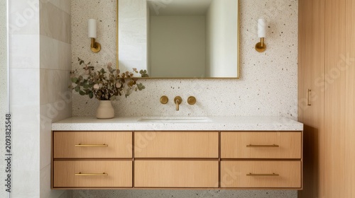 Modern Floating Oak Vanity with Terrazzo Backsplash, Brass Hardware and Minimalist Mirror Design, Bathroom Interior, Home Decor