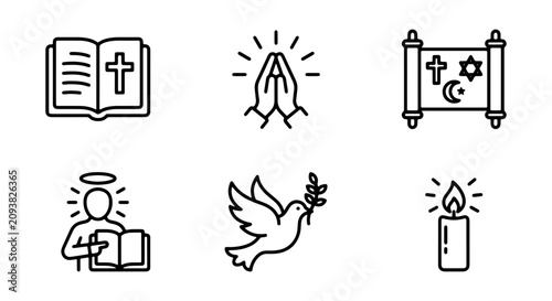 Photography Religious Icons Set: Faith Symbols, Prayer, Holy Book, Dove, Candle, Cross, Star