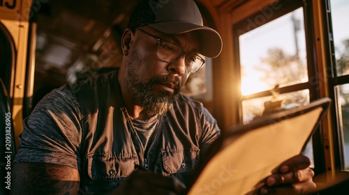 Man in a bus cabin writing on a clipboard , back to school photo
