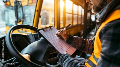 Man in a bus cabin writing on a clipboard , back to school photo