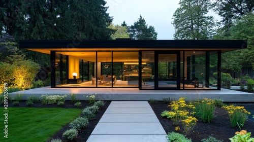 Modern minimalist glass pavilion home with warm indoor lighting, stone walkway and lush forest garden, symmetrical architecture, luxury residence, Modern architecture, Landscape design