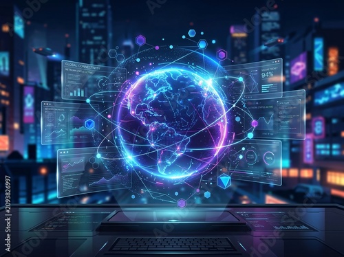Futuristic digital earth hologram with global network connections and data interface on dark neon city background