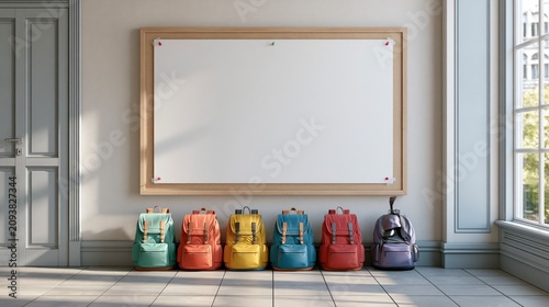 Row of colorful school backpacks lined up under a blank bulletin board , back to school photo