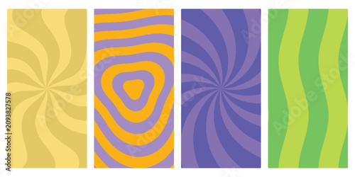 Set of groovy psychedelic vertical background patterns with retro waves and spirals in bright colors