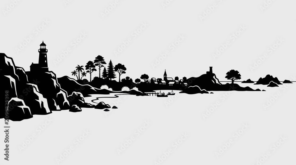 Obraz premium Coastal scene silhouette with lighthouse and village