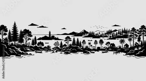 Foto Coastal landscape silhouette with lighthouse and trees