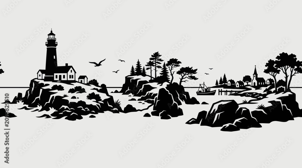 Obraz premium Coastal landscape with lighthouse and village
