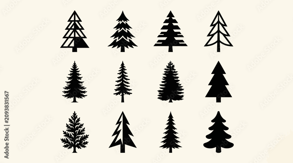 Obraz premium Collection of evergreen tree silhouettes