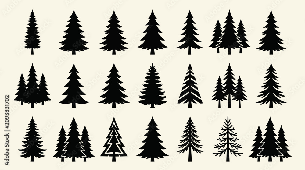 Obraz premium Collection of evergreen tree silhouettes