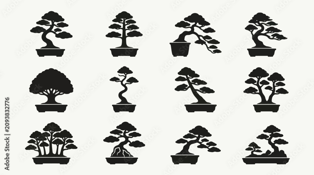 Obraz premium Collection of stylized bonsai tree icons