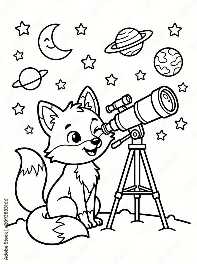 Fototapeta premium Coloring page, cute fox looking through a telescope.