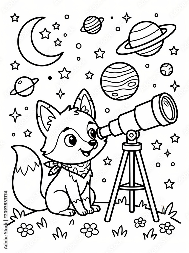 Obraz premium Coloring page, cute fox looking through a telescope.