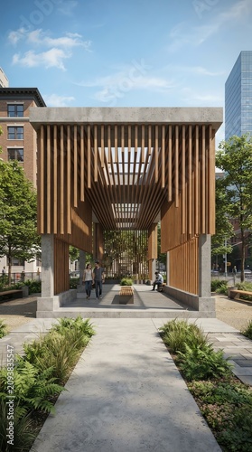 Modern Architectural Pavilion with Wooden Slats and Open Design.