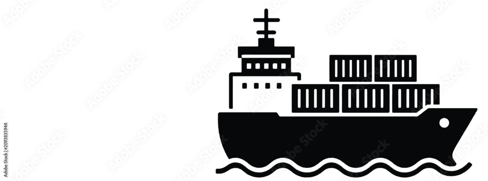 Fototapeta premium Black silhouette container ship sailing on water waves
