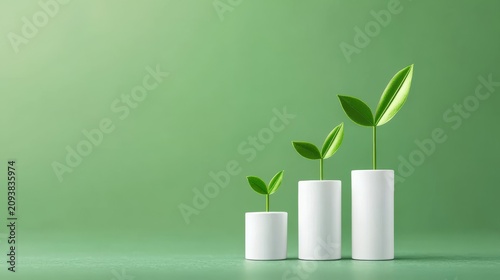 Three white cylindrical pillars with growing green leaves in a minimalist ascending bar chart composition on a smooth sage background, sustainable growth concept, Sustainability,