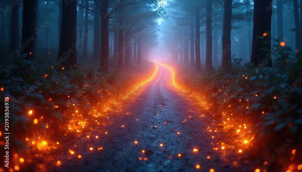 Fototapeta premium Winding road in dark mystical forest glows with orange light. Magical trail between tall pine trees illuminates night woods with firefly sparks. Dreamy nature scene creates fantasy atmosphere for