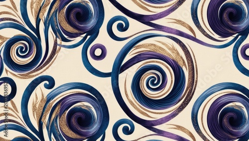An abstract seamless pattern of swirling blue and purple waves with golden glitter details on a cream background. elegant graphic illustration, decorative wave texture.