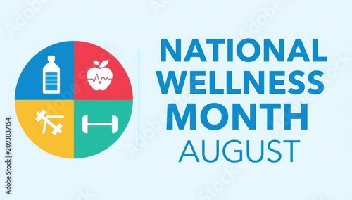 National wellness month august concept with four quadrant circle featuring fitness and nutrition