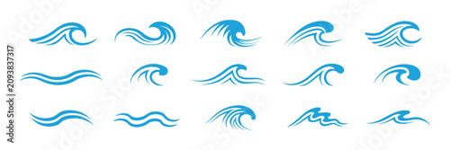 Fotografía Blue waves icon in multiple styles, ocean water symbol, clean vector illustratio