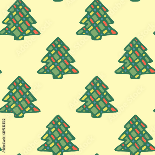 Seamless vector pattern with Christmas trees on a yellow background. Festive Christmas background. Основные RGB