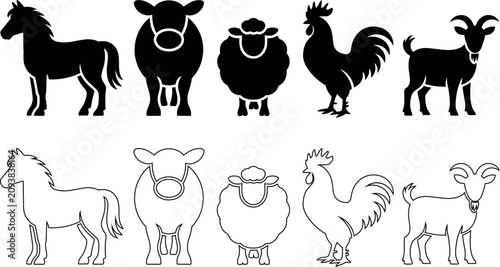 Cuadro en lienzo Farm animal silhouette icon set collection with livestock agriculture domestic