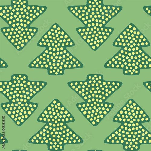Seamless vector pattern featuring stylized polka-dot Christmas trees on a green background. A pattern suitable for holiday packaging, fabrics, or advertising banners. Christmas background.Основные RGB