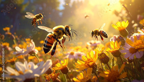 Honey bees flying among yellow and white wildflowers in bright sunlight