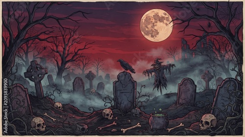Scary halloween graveyard with spooky scarecrow black raven on tombstone skulls bones and witch cauldron under red full moon vector illustration