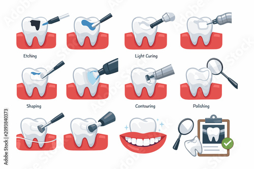 Dental restoration process steps illustrated from etching to final checkup