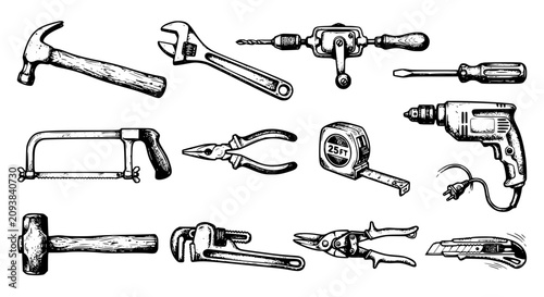 power tools vector, drill hammer saw, black white tool icons, adjustable wrench pliers, tape measure utility knife, workshop equipment illustration, construction tools collection, handyman tool pack, 