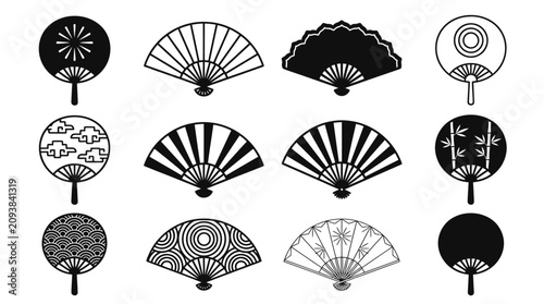 Traditional oriental folding hand fan silhouette icon collection.