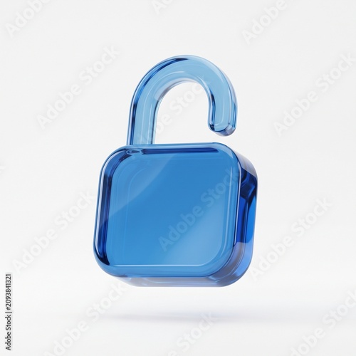 3D Render of an Open Glass Lock Icon, Transparent Blue Security Symbol
