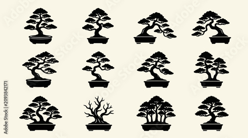 Collection of stylized bonsai tree silhouettes