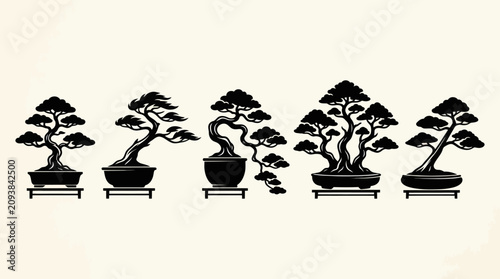 Collection of stylized bonsai tree silhouettes
