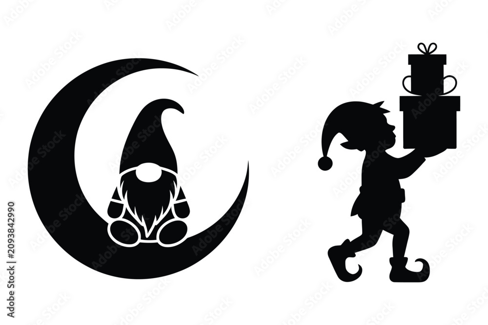 Fototapeta premium Christmas gnome sitting on moon and elves carrying gift boxes silhouette
