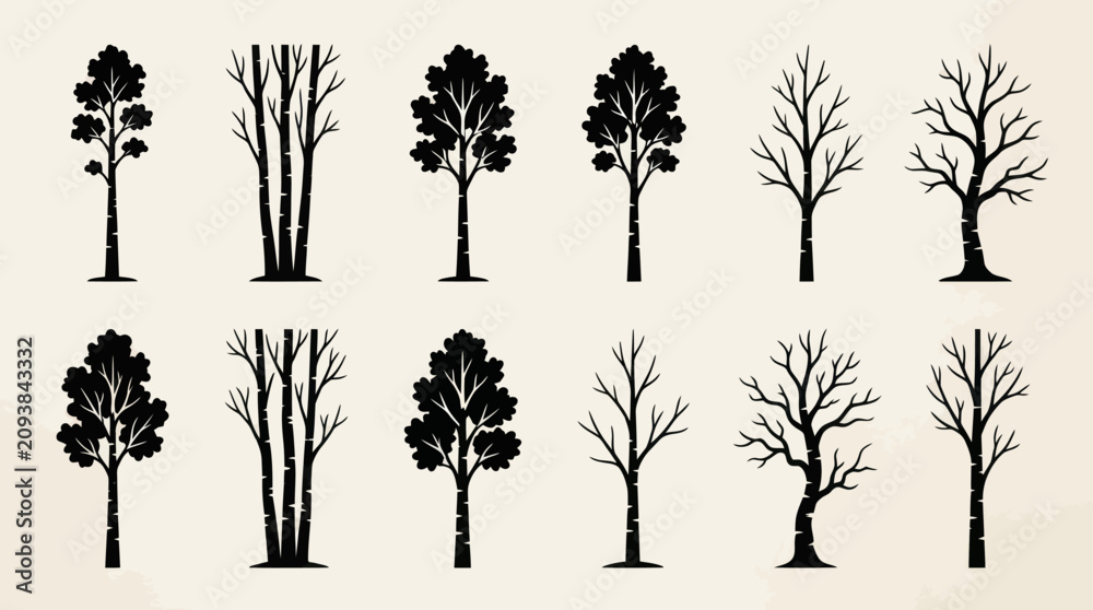Fototapeta premium Collection of tree silhouettes seasonal variety