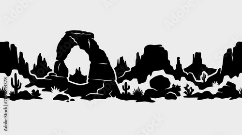 Obraz na płótnie Desert landscape rock formations and cactus silhouette