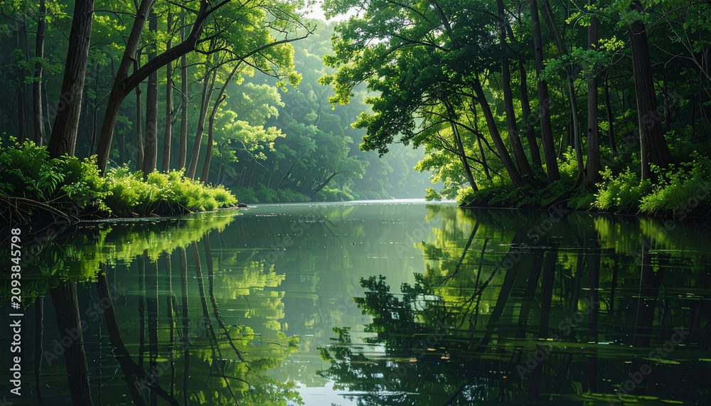 Fototapeta premium Lush green forest reflecting in calm river water serene nature scene